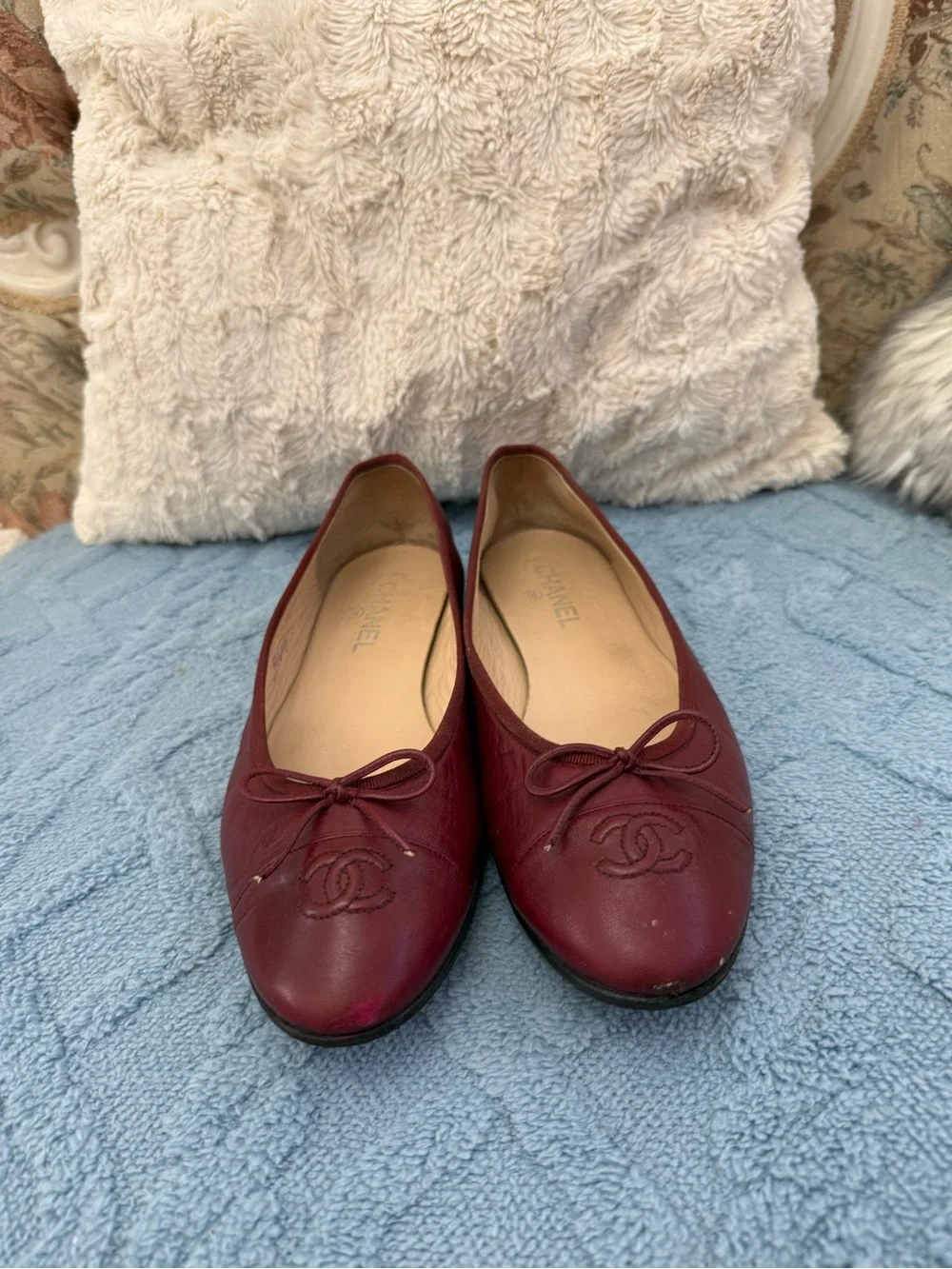 CHANEL Burgundy Leather Ballet Flats with CC Toe Emblem